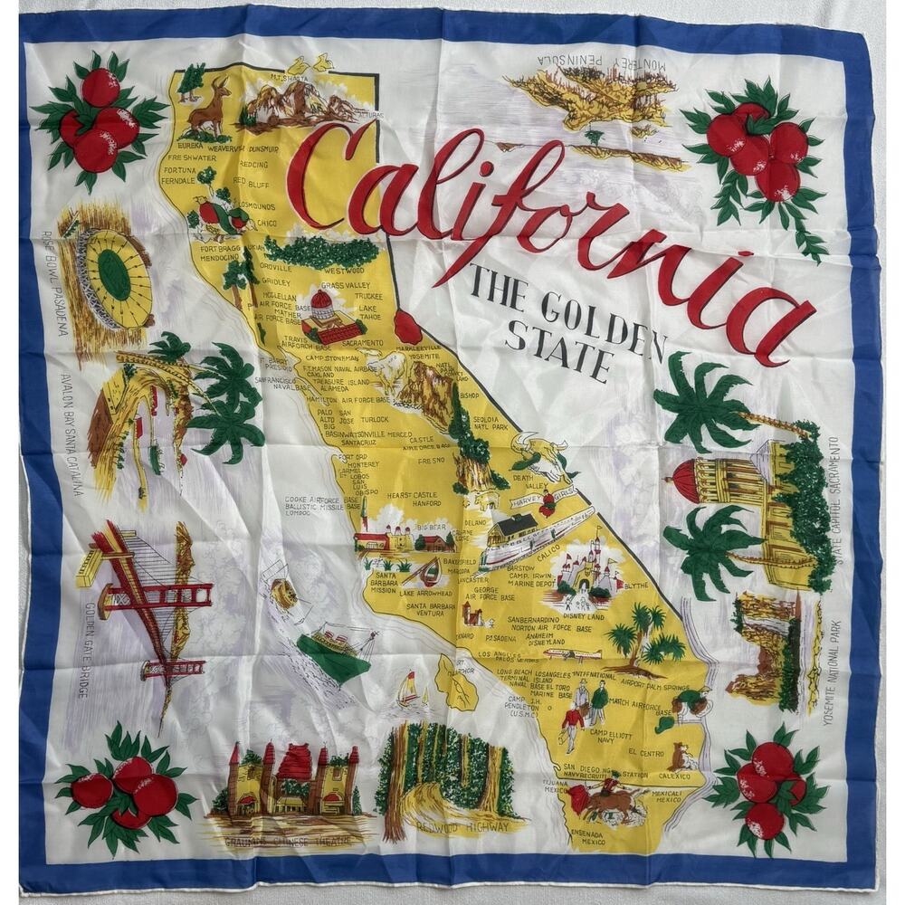 Vintage California Map Souvenir Scarf Hand Rolled Japan Rayon 31" Square State